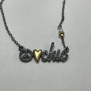 Chico's necklace costume signed jewelry Gunmetal gray pendant PEACE LOVE CHiC